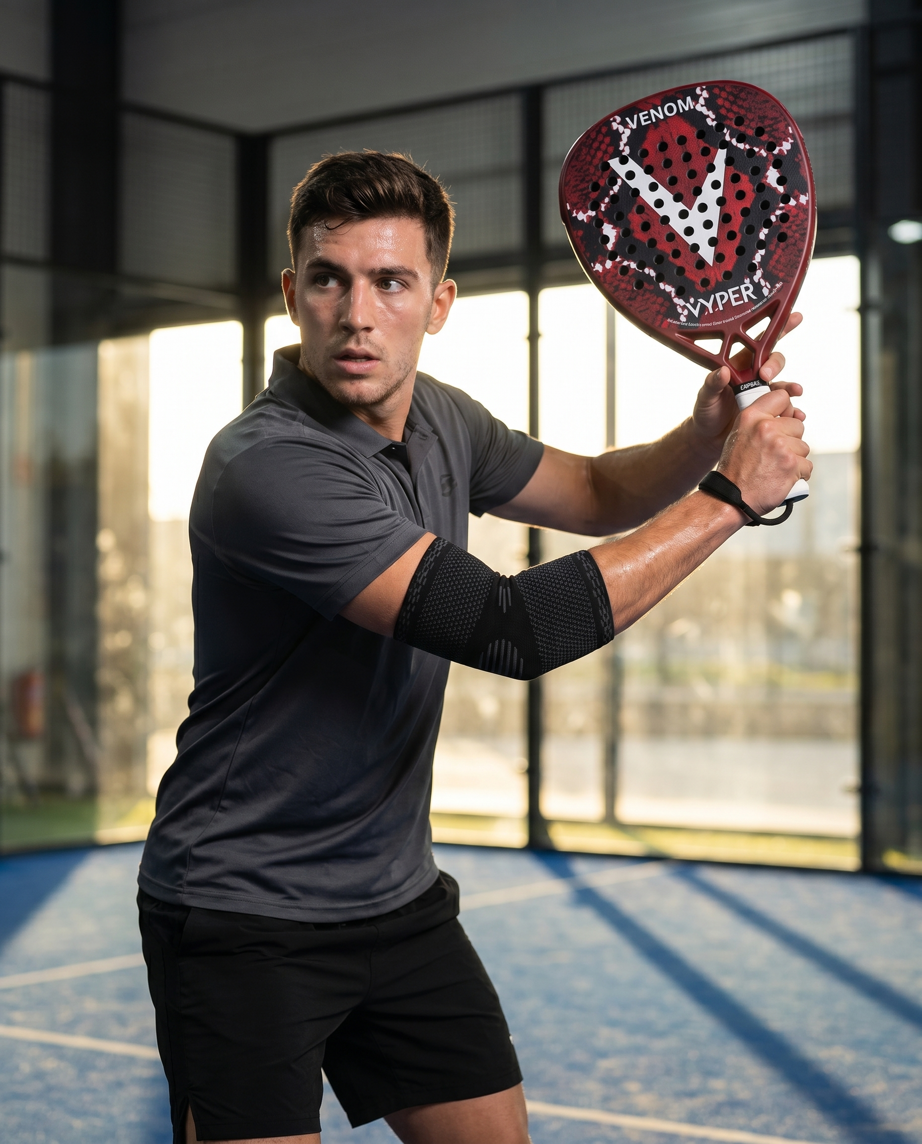 Padel-Spieler mit schwarz-grauer VYPER Padel Sleeve und VYPER VENOM Schläger beim Backhand