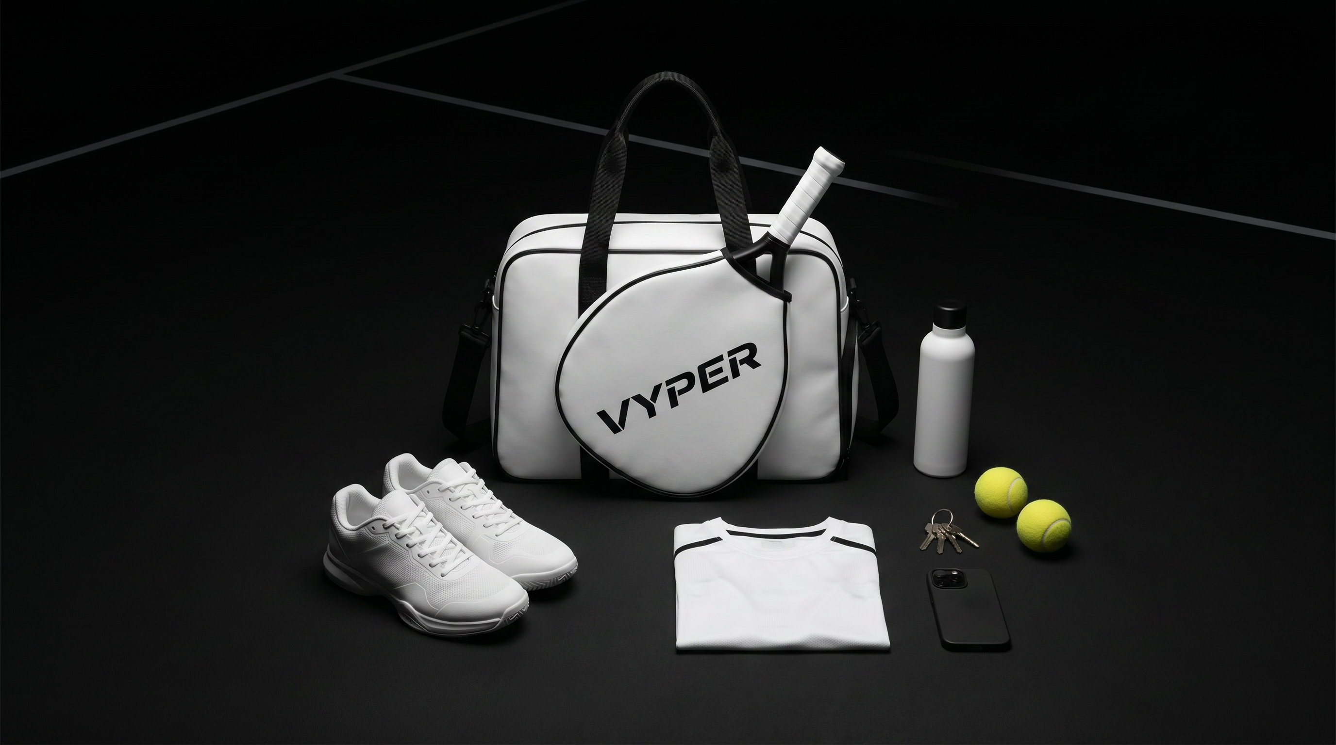 VYPER Sporttasche – Story flat-lay mit Schuhen, Trinkflasche, Bällen, Paddle